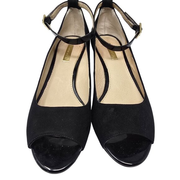 Louise Et Cie Black Suede Peep Toe Heels With Geometric Gold Block Heel Design S - Picture 2 of 7